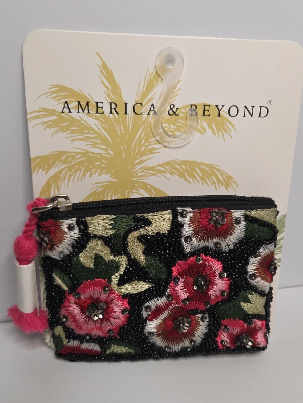 🖤▪️America & Beyond ▪️Floral Beaded Zip Pouch - Black with Pink Floral